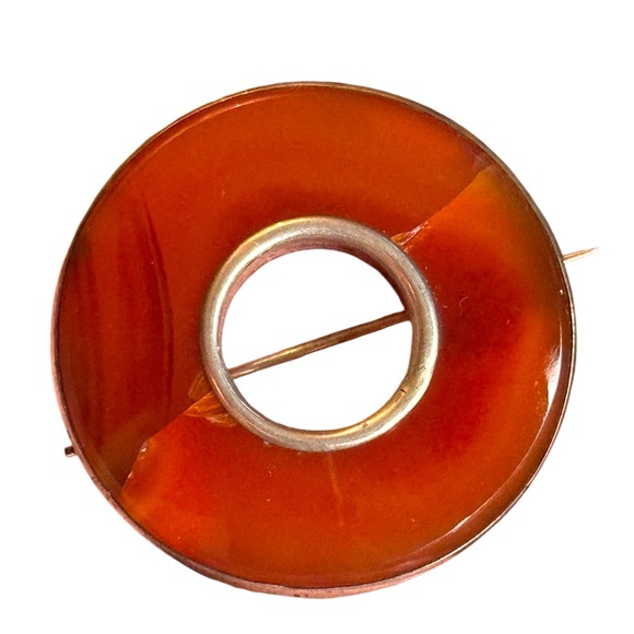 Antique Jewelry - Antique Scottish agate round donut Circular Brooch sterling silver 925